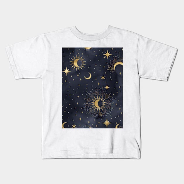 Celestial Starry Sky Gold Moon Kids T-Shirt by UniqueMe